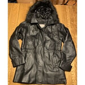 Leather Croft & Barrow Womens‎ Black Hooded Fur Trim  Coat Removeable Lining S